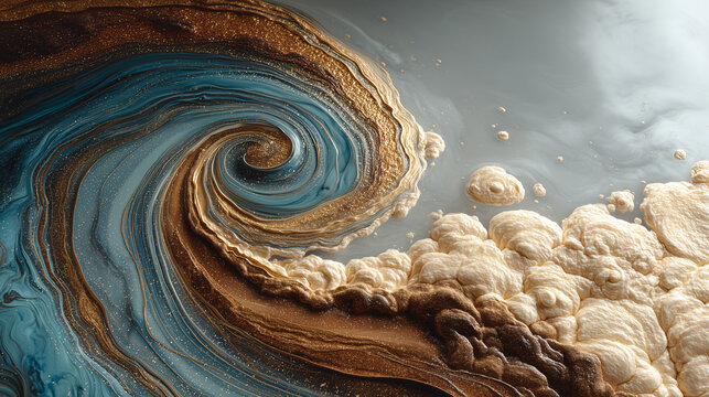 Artistic close-up of swirling metallic paint mixing with foam and bubbles on a glossy surface