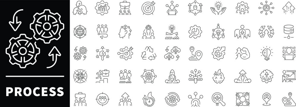 DevOps agile scrum vector icons. Teamwork plan and process outline signs set. Editable stroke pack