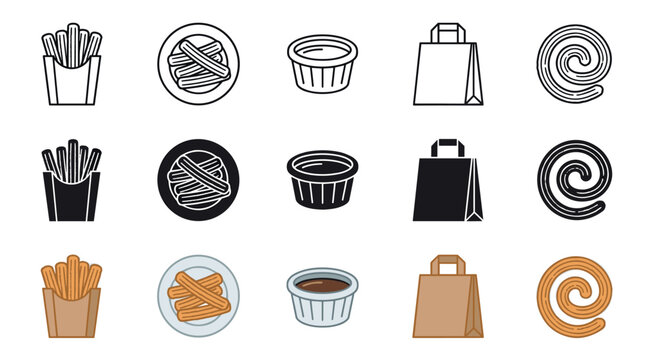 Churros, dipping sauce, and take-out bag icons presented in outline, solid, and colored styles, perfect for food-related design projects.