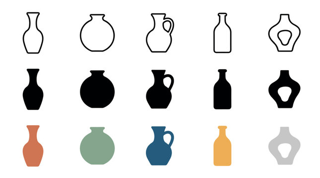 Vases and bottles collection featuring various pottery shapes in outline, solid black, and colorful silhouette styles for design elements.