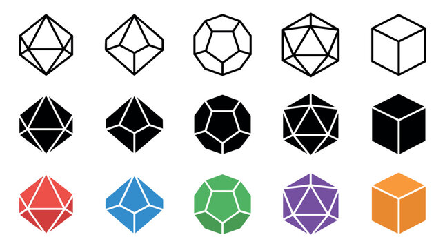 Geometric polyhedral shapes collection featuring various solid and outline forms in multiple colors, representing abstract mathematical concepts and gaming elements.