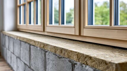 Fototapeta premium Installation window with wooden frame and stone sill, showcasing a view of greenery outside, emphasizing natural light and modern architectural design elements