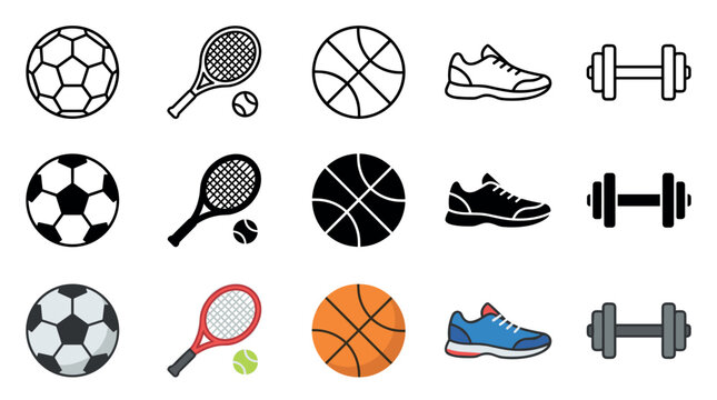 Sports equipment icons set featuring various athletic gear including soccer ball, tennis racket, basketball, running shoe, and dumbbell in different styles.