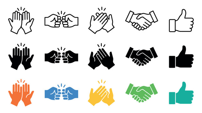 Collection of diverse hand gesture icons depicting high five, fist bump, clapping, handshake, and thumbs up symbols in various styles.