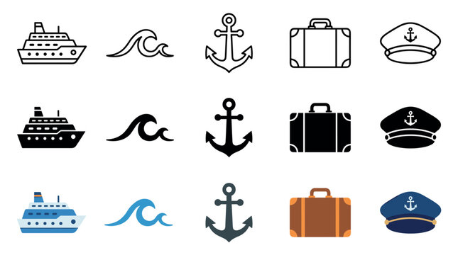 Nautical travel cruise vacation icons set featuring ships, waves, anchors, luggage, and captain hats in outline, solid, and color styles.