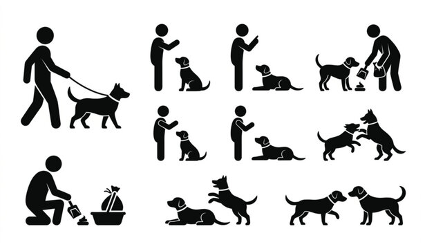 Dog owner and cynology silhouette icon vector set isolated on white background