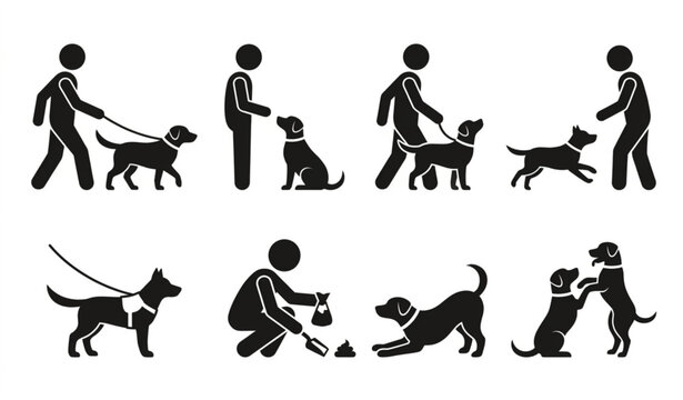 Dog owner and cynology silhouette icon vector set isolated on white background