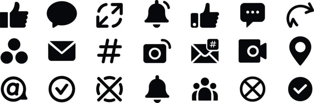 A collection of social media icons and symbols presented on a clean white background