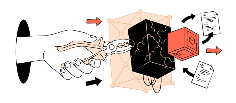 Software Refactoring Concept Hand Pliers Breaking Cube Code Transformation Process for Development Logic Illustration Showing Debugging Fixing Errors and Technical Innovation in Programming Workflow D