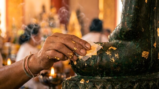 Close-up of Devotee Applying Gold Leaf to Buddha Statue in Thai Temple