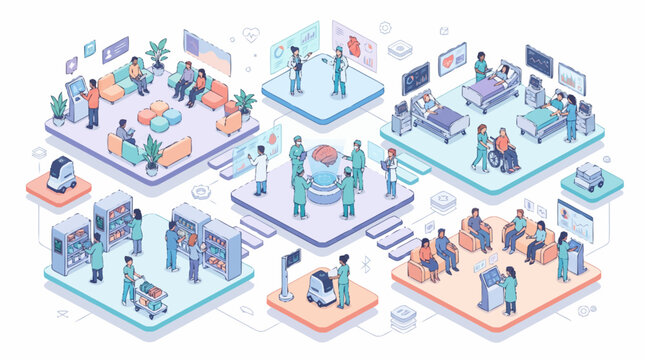 Isometric medical healthcare scenes with doctors patients and technology.