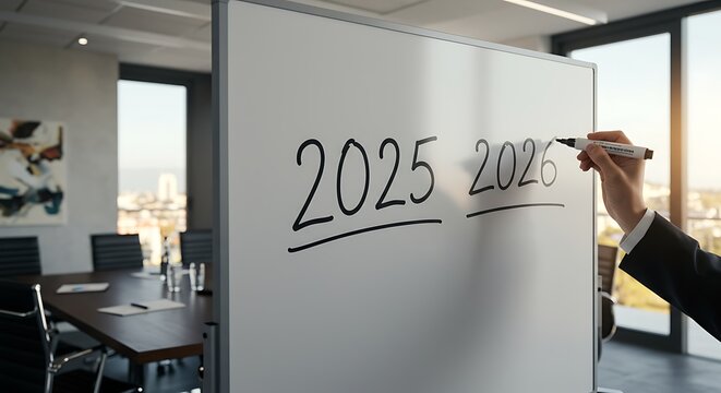 Profissional de neg&oacute;cios escrevendo em um quadro branco com numerais para o ano futuro.