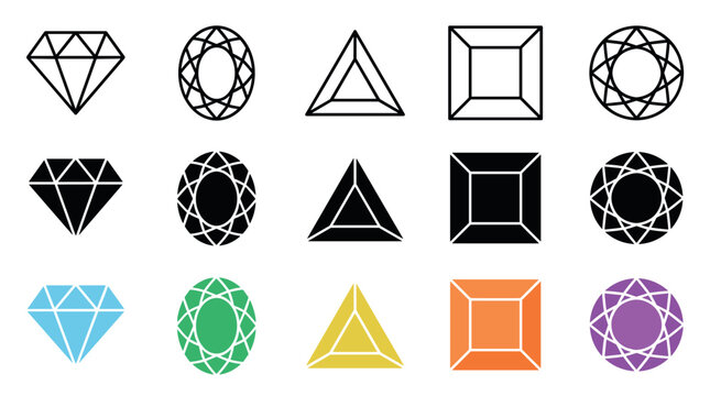 Various colorful gemstone and diamond icons display different cuts and styles, including brilliant, oval, trillion, princess, and round shapes in outline and solid forms.
