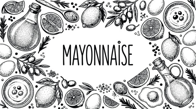 Elegant mayonnaise sauce packaging frame engraving illustration. Detailed vintage sketch border for mayonnaise branding. Vector drawing illustration.