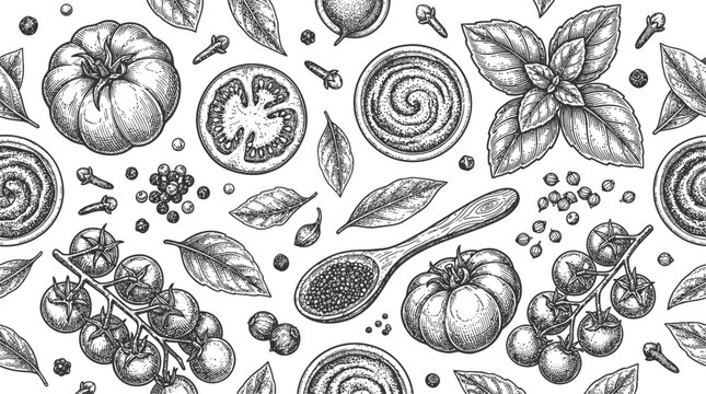 ketchup sauce seamless pattern vector in engraving sketch style. Detailed background for sauce packaging, condiment labels, food branding, menus and culinary design. Vector drawing