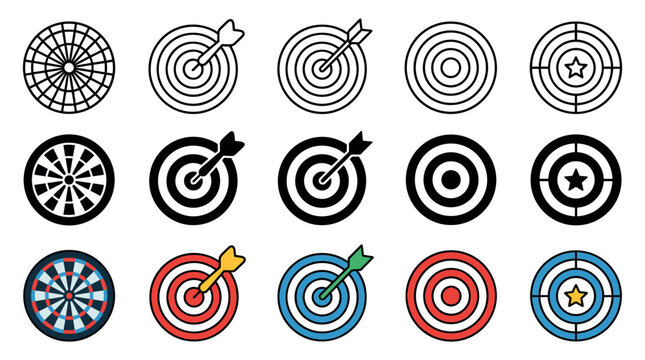 Comprehensive collection of various dartboard and target icons in outline, solid, and colored styles, symbolizing accuracy, success, and aiming for goals.