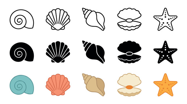Various marine seashells conch shells clams starfish icons showcase a diverse collection of ocean-themed graphic elements in outline, silhouette, and flat design styles.