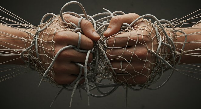 M&atilde;os entrela&ccedil;adas num emaranhado, representando conflito e restri&ccedil;&atilde;o.