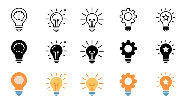 Lightbulb icons representing creative ideas, innovation, intelligence, and problem-solving concepts in various outline, solid, and colored styles.
