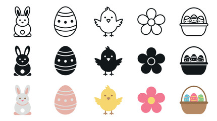 Fototapeta premium Easter icons symbols collection featuring bunny eggs chicks flowers and baskets in various styles, perfect for holiday designs and spring celebrations.