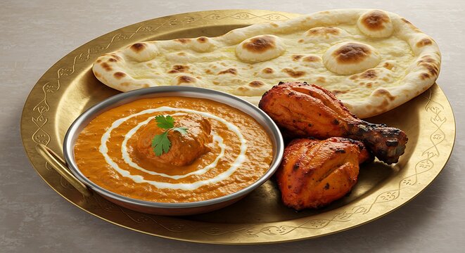 Delicioso curry de frango da culin&aacute;ria indiana com p&atilde;o naan em prato dourado.
