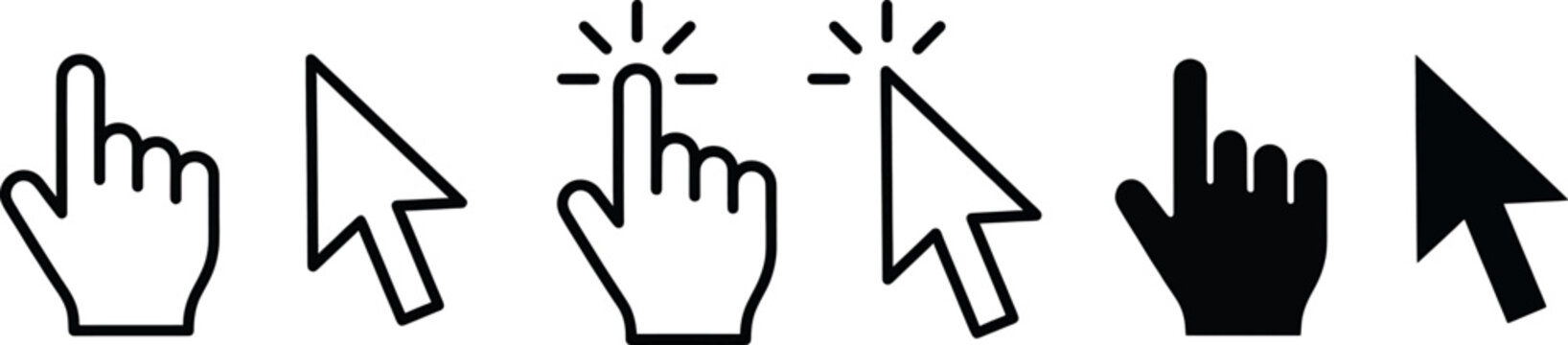 Set of computer mouse cursor icons, hand pointer and arrow click symbols