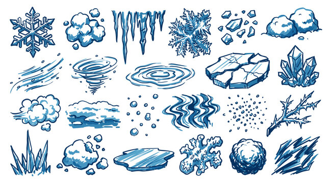A collection of hand-drawn blue watercolor illustrations depicting various natural elements and phenomena related to cold and water.