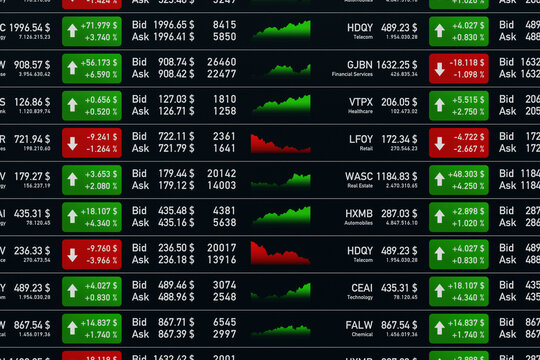 Trading board with stock market data, exchange prices, bid ask offers and chart information. Screen, investment, stock exchange, growth, strategy, prices up and down, risk , chance.