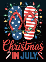 Obraz premium A pair of flip-flops in American flag design is surrounded by colorful holiday lights. The text 'Christmas in July' is prominently featured.