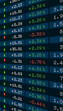 Stock market data, spreadsheet with prices, percentage changes and arrows up or down. Business, investment strategy, analyzing data, financial markets, risk, wealth.