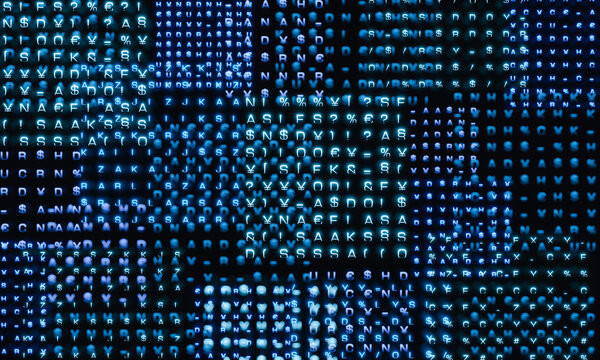 Encryption, random code and signs, computer language, computer crime. Bits and bytes, system, malfunction, problem, science, technology.