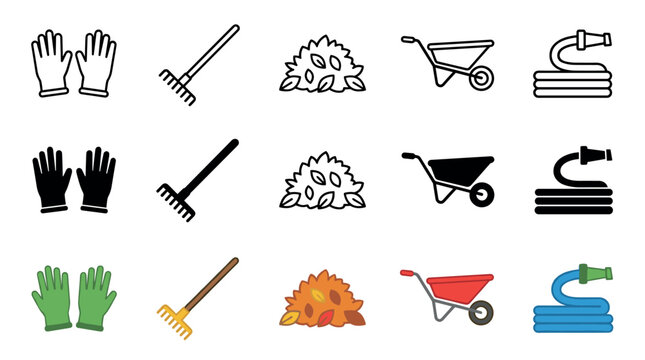 Gardening tools and supplies icons set features various essential equipment for yard work, autumn cleanup, and outdoor maintenance tasks.