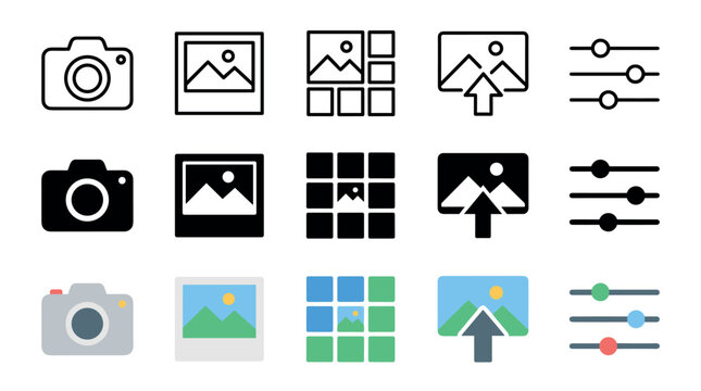 Photography image gallery settings vector icons collection presented in outline, solid, and flat design styles for digital applications.