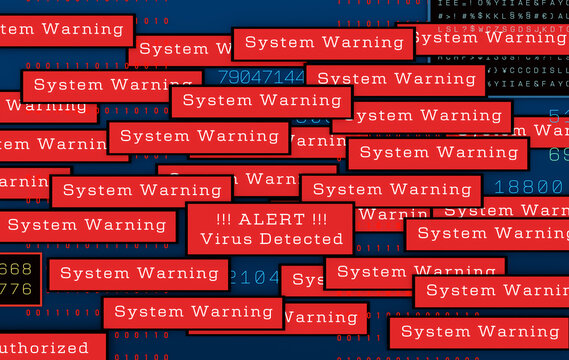 Computer screen with system warning signs, cyber crime, system is hacked, virus detected. Data breach, computer attack, spyware, network security, privacy, firewall, encryption, unauthorizes access.