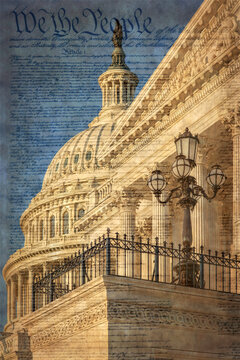 Part of the United States Capitol building in Washington D.C., the meeting place for Congress, and the seat of the legislative branch of the federal government. Famous declaration in background.