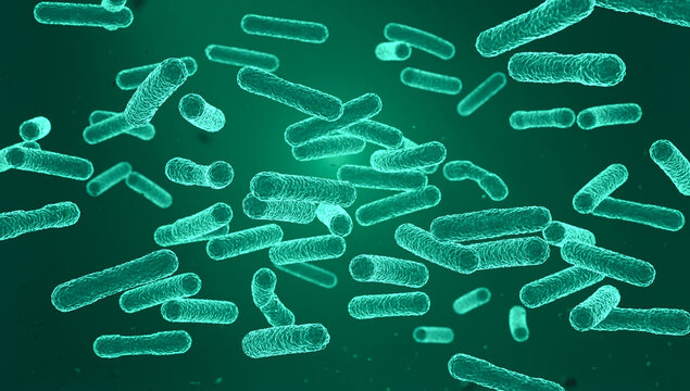 Green fluorescent bacteria or virus under a microscope. Pathogens, bacterial infection, microscopic representation, microbiology, disease, contagious. Model, 3D illustration
