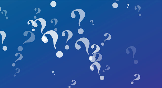 Abstract scattered question mark background. blue gradient, floating white query symbols, random transparent shapes. for mystery trivia banners, web support pages. modern vector art.