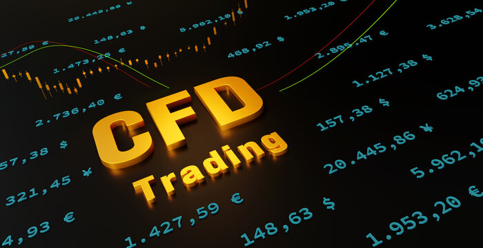 CFD trading in golden letters, (CFD = Contract for Difference), stock market and exchange. Abstract chart and data in the background. Online trading, CFD investment, risk, baking, broker, trading.