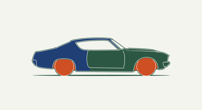 Retro Car Silhouette, Two Tone Blue and Green, Orange Wheels, Vintage Vehicle Illustration