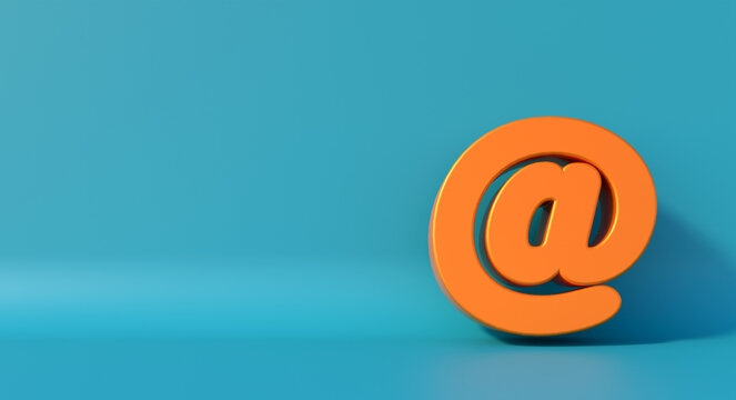 Orange internet "at", @ sign against blue background. Symbol, icon, e-mail sign, social media, internet, communication.
