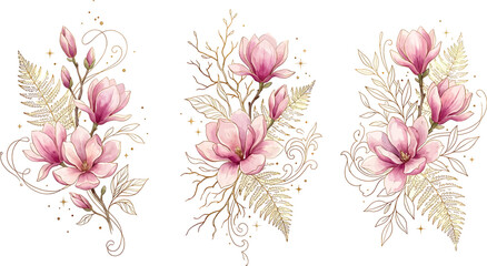 Set of watercolor magnolia flowers with golden leaves and branches © SampaRani