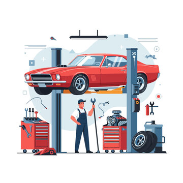 Red classic car lifted in auto repair shop with mechanic