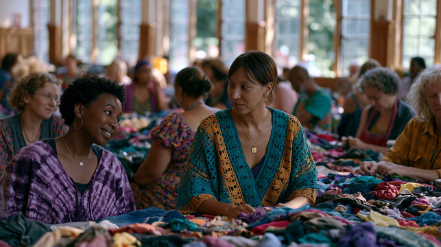 Multicultural women's sewing circle in sun-filled community hall upcycling thrifted garments, fabric scraps everywhere, laughter visible in mid-conversation faces, summer light streaming through tal