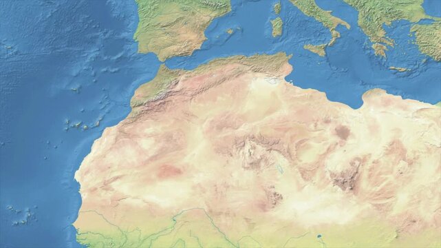 Cinematic Zoom from World Map to ALGERIA Terrain Map, Earth Navigation Animation