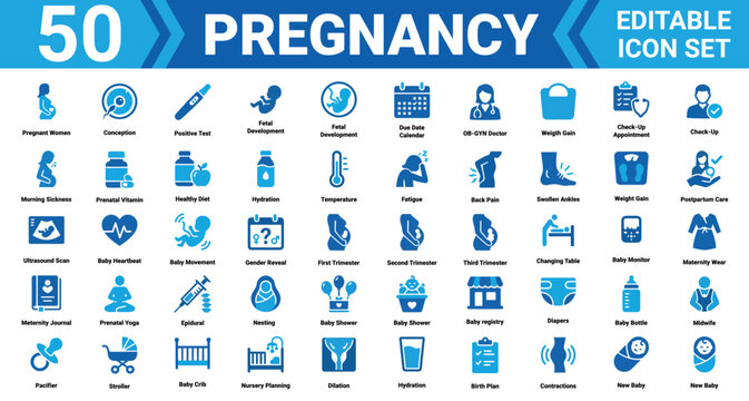 50 pregnancy icons editable vector illustration mega pack solid icon set