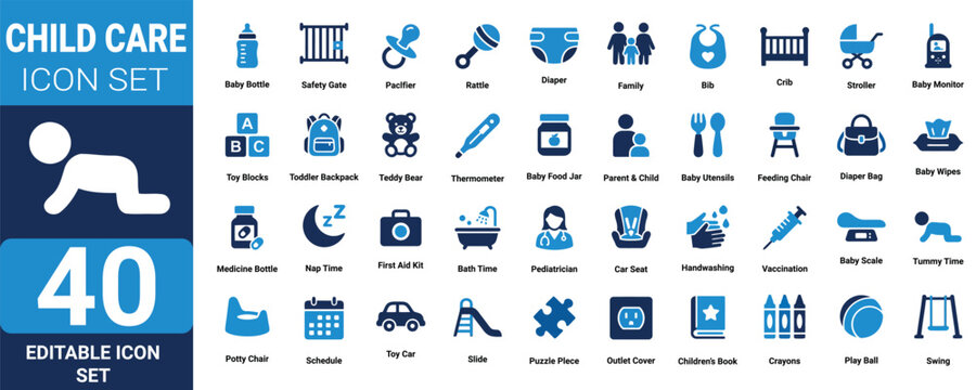 Child care solid icon set editable vector illustration mega pack for kids and parenting design