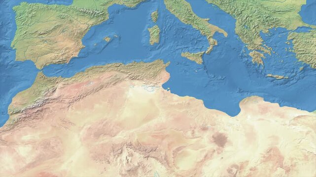 Cinematic Zoom from World Map to Tunisia Terrain Map, Earth Navigation Animation