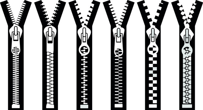 Black and White Zipper Silhouette Vector Icon Set with Open Teeth and Pullers for Sewing Fashion and Textile Design Projects