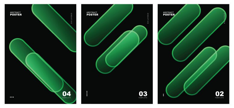 Neon green geometric abstract poster set. translucent capsule shapes, overlapping pill graphics, dark background. for eco technology brochures, cyber security flyers. modern vector template.