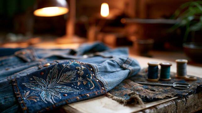 Vintage denim jacket restoration mid-process on worktable, one sleeve freshly patched with botanical embroidery, thread spools and scissors beside original worn fabric, warm task lamp glow, perfect 